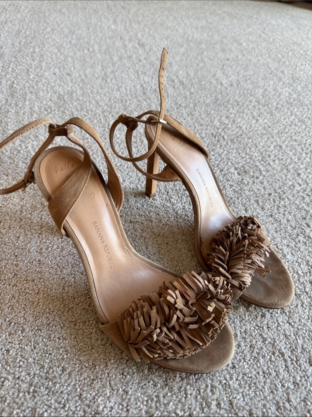 Banana Republic Tan Suede Fringe Ankle-Strap Heels with Block Heel